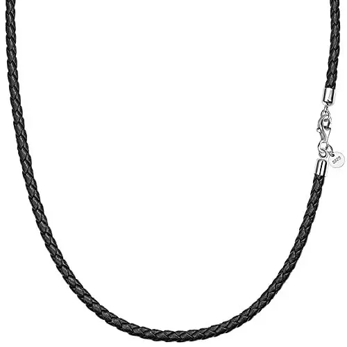 Produktbild: F.ZENI Lederkette Herren 925 Sterlingsilber Karabinerverschluss Echt leder Halskette 3mm breit Herren Damen Kette für Anhänger charm 40-65cm DIY Schmuck mit Geschenkbox (55cm, Schwarz - Dark Braided)