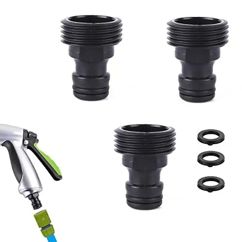 Produktbild: (G 3/4) Zoll Garten Schlauchanschluss, 3 Stück Wasserhahn Anschluss Set, Schwarzer Dichtendes Außengewinde Adapter mit 3 Stück Unterlegscheiben, Schnellkupplung für Wasserpistolen Schlauchanschluss