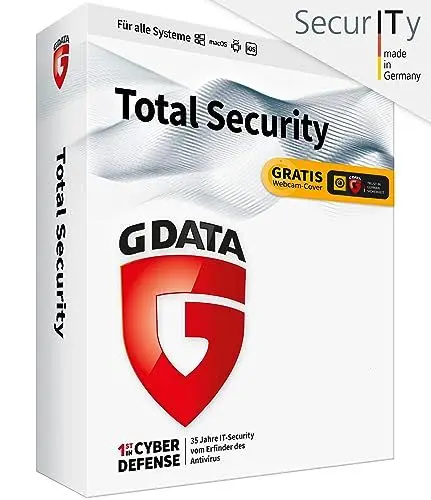 Produktbild: G DATA Total Security 2024 | 3 Geräte | 1 Jahr | Virenschutzprogramm | Passwort Manager | PC, Mac, Android, iOS | zukünftige Updates inklusive | Made in Germany | Box inkl. DVD & Webcam-Cover