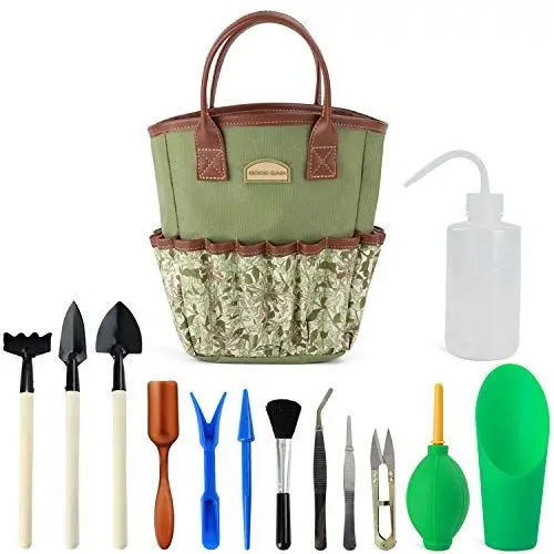 Produktbild: G GOOD GAIN Garten-Sukkulenten-Set mit Organizer-Tasche, Indoor-Mini-Hand-Gartenwerkzeug-Set, 14-teilige Werkzeuge für Bonsai-Pflanzgefäße Miniatur-Feenpflanzpflege.Grün