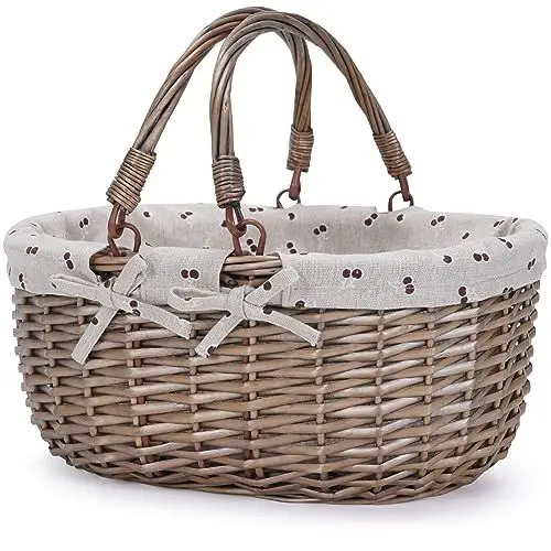 Produktbild: G GOOD GAIN Oval Picnic Basket with Folding Handles, Willow Hand Woven Shopping Basket, Bath Toy Kids Toy Storage Gift Packing Basket, Wicker Empty Easter Eggs and Candy Small Gift Basket. Beige