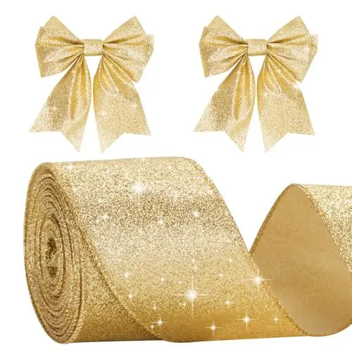 Produktbild: G2PLUS Gold Schleifenband mit Draht, 6CM Breite Geschenkband Glitzer, 10M Weihnachten Drahtkantenband, Gold Weihnachten Schleifenband mit Glitzer für Geschenkverpackung, Weihnachtsbäumen Deko