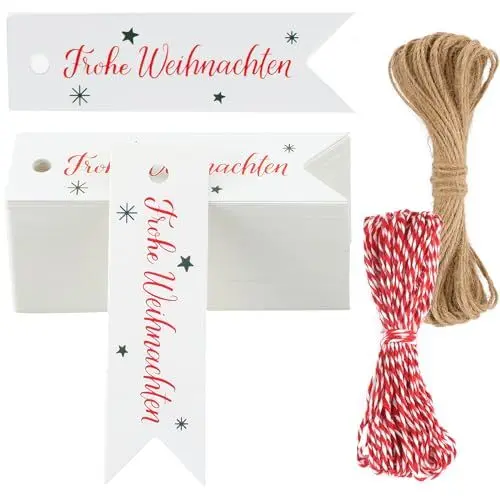 Produktbild: G2PLUS Klein Frohe Weihnachten Geschenkanhänger, Weiß Weihnachten Anhänger Geschenk,100 Stk Weihnachten Etiketten, 2x7CM Weihnachtsanhänger Papier zum Geschenke oder Weihnachten Adventkalender Deko