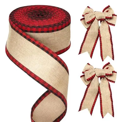 Produktbild: G2PLUS Weihnachten Juteband mit Draht, 6.4CM Breit Geschenkband zum Basteln, 10M Sackleinen Band mit Rote und Schwarz Kariertes, Weihnacht Dekoband Verdrahtet für Geschenk, Kranz, Weihnachtsbaum