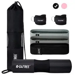 Produktbild: G4Free 7er Set Langhantel Polster/Nackenpolster/Barbell Pad für Kniebeugen/Hip Thrusts/Lunges/Standard Olympic Barbell mit 2 Gym-Knöchel-Sicherheitsgurten & 3 Hüft Widerstandsbänder