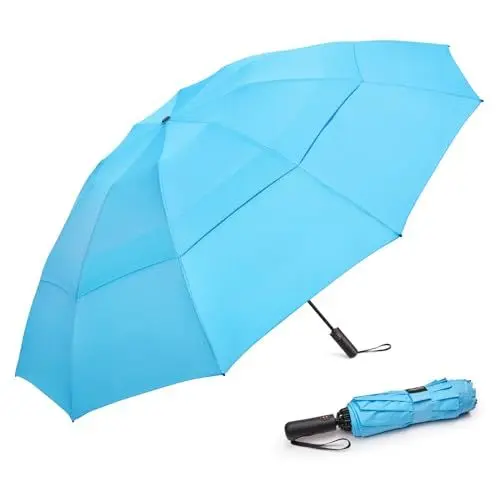Produktbild: G4Free Großer Golfschirm, 157 cm, kompakt, umgekehrt, Reiseschirm, 10 Rippen, winddicht für Regen, Doppeldach, automatisches Öffnen und Schließen (Himmelblau)