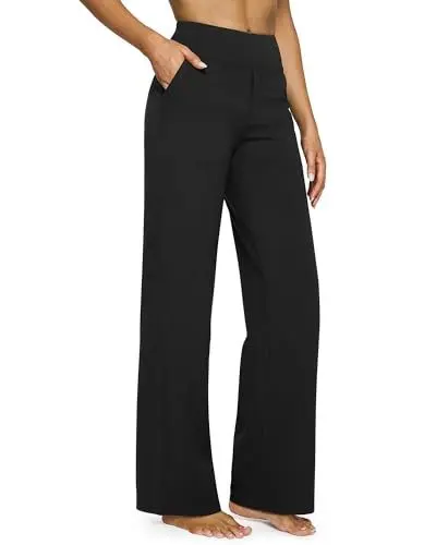 Produktbild: G4Free Yoga Damenhose Hohe Taille Kleiderhose mit 4 Taschen Elegant Strecken Weites Bein Geschäft Hose Arbeit Bauchkontrolle Lose Gerade Hose Klein/Regulär/Groß