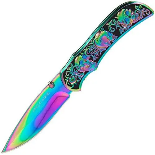 Produktbild: G8DS® Klappmesser Scharfes Outdoor Survival Taschenmesser | Kleines Einhand-Messer，Messer mit Mattschwarz Edelstahlklinge, für Arbeit Wandern Camping (Rainbow Skull)