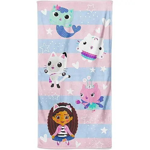 Produktbild: Gabby's Dollhouse Strand-Badetuch für Kinder, 100 % Baumwolle, gestreift, Pandy-Pfote, Mercat Cakey, Katze, Fee, Geschenk für Mädchen, Jungen, Kleinkinder