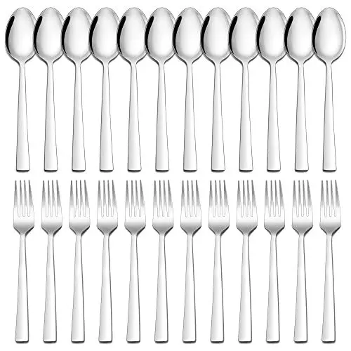 Produktbild: Gabeln und Löffel Set, Herogo 24 Stück Edelstahl Tafellöffel und Tafelgabeln, Silber Besteck Set für Zuhause/Restaurant, 12 Esslöffel und 12 Gabel, Gesund & Langlebig, Spülmaschinenfest