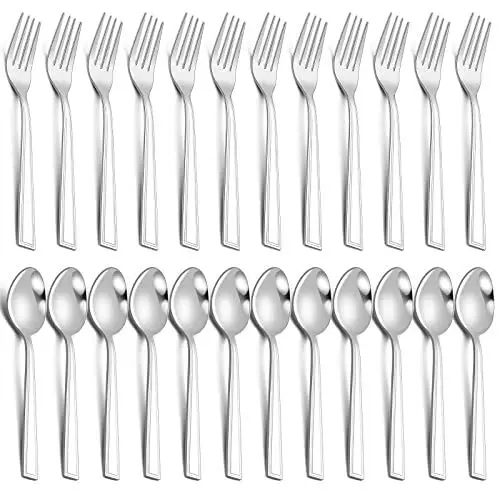 Produktbild: Gabeln und löffel Set, Unokit 24 Stück 7.7-inch Gabeln und Esslöffel Set, 12 Löffel und 12 Gabeln,Besteck Set aus Edelstahl, Tafelgabeln, Suppenlöffel für viele Gelegenheiten, Spülmaschinenfest