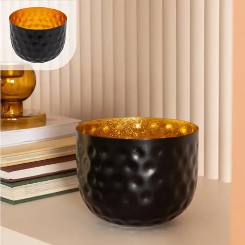 Produktbild: Gadgy Kerzenständer Tisch Deko Schwarz Gold - Metall Deko Schale gehämmert - Teelichthalter Gold - Windlicht Gold - Teelichthalter Schwarz - Teelichthalter Metall Ramadan Decor - 16 x 12 cm