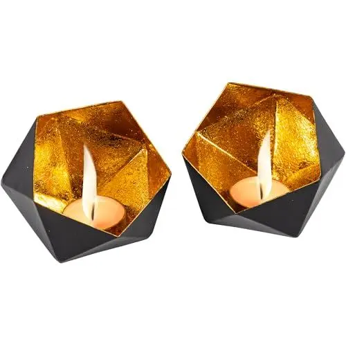 Produktbild: Gadgy Teelichthalter Schwarz Gold - Windlicht Esstisch Deko 2er Set - Teelichthalter Metall in Diamant-Form - Windlicht Metall Deko schwarz - Tischdeko Windlicht schwarz - Wohndeko Set 10 x 9 cm