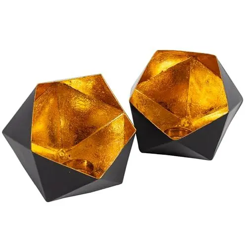 Produktbild: Gadgy Teelichthalter Schwarz Gold - Windlicht Esstisch Deko 2er Set - Teelichthalter Metall in Diamant-Form - Windlicht Metall Deko schwarz - Tischdeko Windlicht schwarz - Wohndeko Set 15 x 14 cm