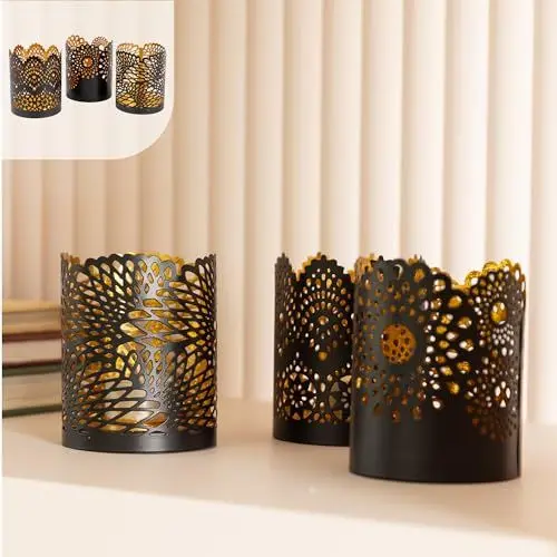 Produktbild: Gadgy Teelichthalter Schwarz Gold - Windlicht Esstisch Deko 3er Set - Teelichthalter Metall mit Spitzenmuster - Windlicht Metall Deko schwarz - Tischdeko Windlicht schwarz – 8,5 x 10,5 cm