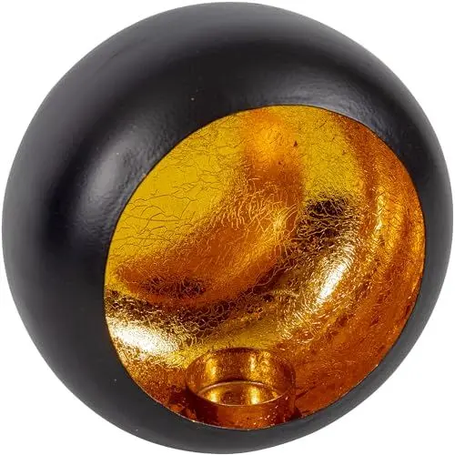 Produktbild: Gadgy Teelichthalter Schwarz Gold - Windlicht Esstisch Deko - Teelichthalter Metall rund - Windlicht Metall Deko schwarz - Tischdeko Windlicht schwarz - Wohndeko 17 x 10 cm