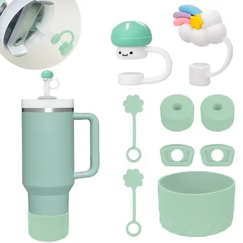 Produktbild: GADITIEK 9Stück Zubehör für Stanley Cup, inklusive 2 Stück Strohhalm Abdeckung für 9-10 mm Strohhalme, 6 Stück Silikon-Stopfen, 1 Stück Silikon-Stiefel für Stanley Cup Quencher Accessories (Green)