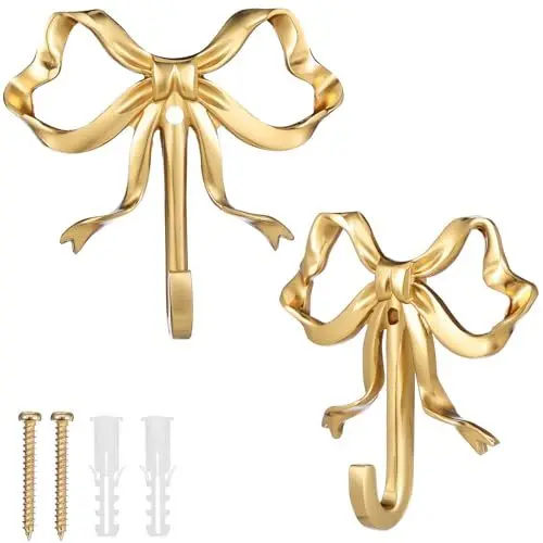 Produktbild: Gadpiparty 2 Stück Schleifenhaken Dekorative Wandhaken Schleifen-Kleiderhaken Goldener Handtuch-Kleiderhaken Hängende Messinghaken Für Zuhause Schlafzimmer Badezimmer Büro Draußen (2 63