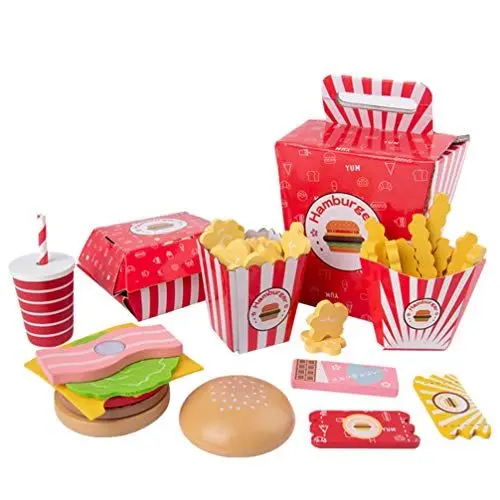 Produktbild: Gadpiparty Holz Fast Food Toy Food Model Realistischer Chip Burger Pommes Deluxe Diner Trep Play Kitchen Accessoires Set Play House Requisiten für Kleinkinder Kinder