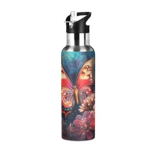 Produktbild: Gänseblümchen, Schmetterling, Insekt Trinkflasche Wasserflasche mit Strohhalm, Thermosflasche Vakuumisolierte aus Edelstahl 18/8, BPA-frei für Kinder Sport Wandern Schule (600ml/1L)