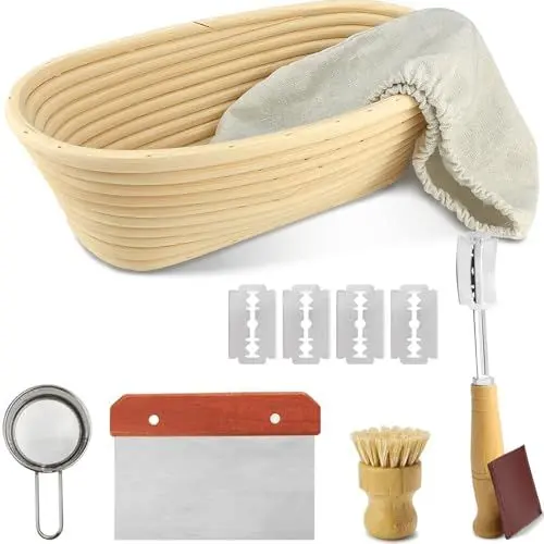 Produktbild: Gärkörbchen Oval 25cm Set für Sauerteig - XL Banneton Brotbackkorb Premium Set, Proofing Basket aus Peddigrohr mit Teigschaber, Brotlame, Mehlsieb