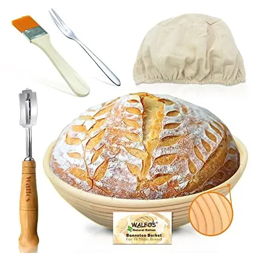 Produktbild: Gärkörbchen - Walfos® Rundes gärkorb zum brotbacken-Set, 100% natürlichem Rattan, inklusive Bäckermesser, Pinsel,Brot Gabel und Leinenbezug, ideal für Heim- und professionelle Backen-23cm