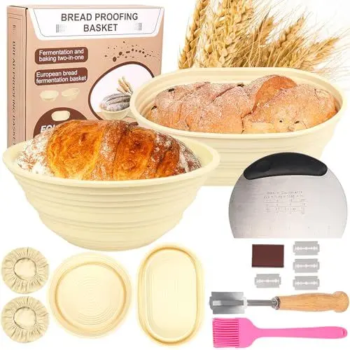Produktbild: Gärkörbchen für Brot, 2cm Runde & 26cm Oval Silikon Gärkorb Brot, Banneton Brotgärkörbe,Sauerteig-Starter-Set, Bäckermesser, Dänischer Schneebesen, Teigschaber und Bratpinsel