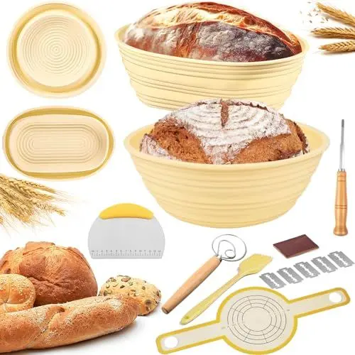 Produktbild: Gärkorb, Gärkörbchen für brot 9 Zoll rund & 10 Zoll oval faltbarer Sauerteig-Backkorb, Komplettset für die Brotherstellung mit essentiellen Werkzeugen, leicht zu reinigen und aufzubewahren (Gelb)