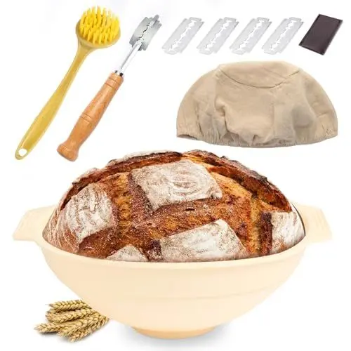 Produktbild: Gärkorb Set,22cm Silicone Gärkörbchen mit Stahlring Brot-Banneton-Gärkorb-Set, Silikon Banneton Brotgärkörbe, Sauerteig-Starter-Set Faltbarer, Wiederverwendbar Leicht zu Reinigen und Aufzubewahren