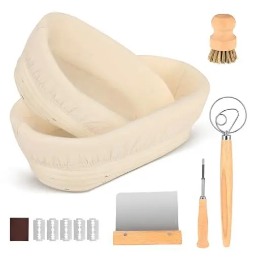Produktbild: Gärkorb Set,2 Gärkörbchen 25cm Gärkorb Oval Set,Gärkörbe zum Brotbacken,Gärkörbchen Rundes gärkorb zum brotbacken Set,mit Enthält Teigmesser Reinigungsbürste und Leinenbezug für Brot Brotbacken