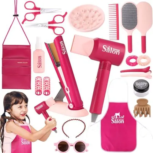 Produktbild: GAGAKU Friseur Set Kinder Frisierkopf Zubehör Frisierset Spielzeug Frisör Beauty Salon Spielset Haarstudio Mädchen Haarstyling Set Schminke Puppenkopf zum Frisieren von 3 4 5 6 7 8 Jahren - Rose