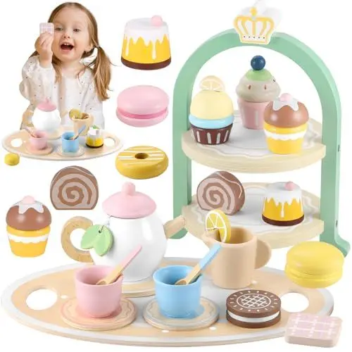 Produktbild: GAGAKU Teeservice Kinder Holz Teeset Kleinkinder Kinderküche Zubehör Spielküche Küchenzubehör Kinder mit Kuchen Stand und Dessert Spielzeug Spielen Lebensmittel Küche Zubehör