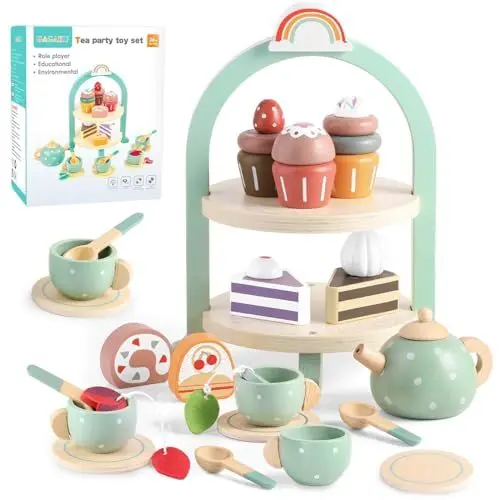 Produktbild: GAGAKU Teeservice Kinder Teeset aus Holz, Teeparty Spielküche Rollenspiele Kinderküche Zubehör Holz Kindergeschirr Spielküche Geschenk für Kinder