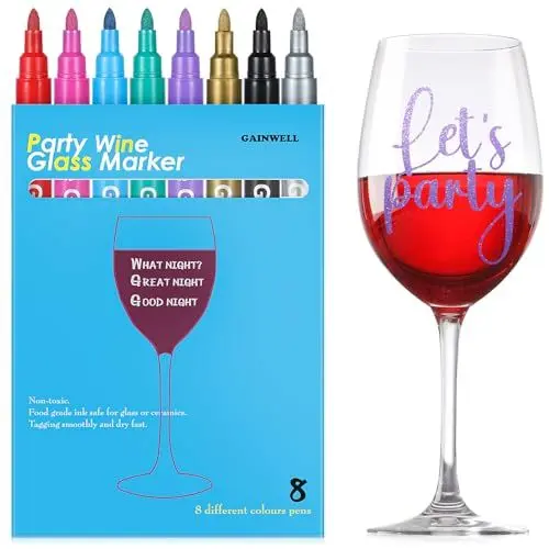 Produktbild: GAINWELL Weinglas Marker Stifte - 8-teiliges Set zur lebensmittelechten Beschriftung von Gläsern - Ideal für Partys - Wiederverwendbar, MEHRWEG
