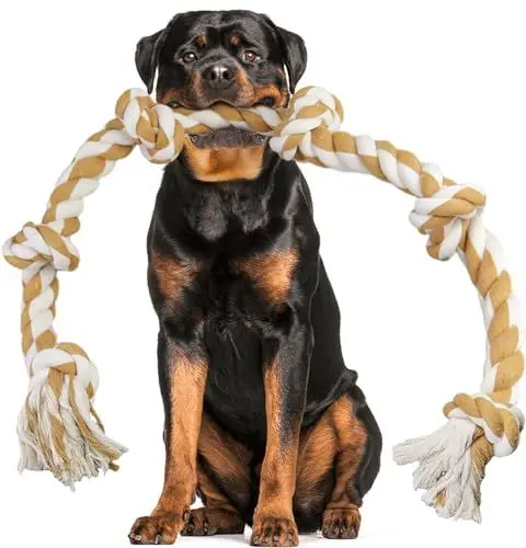 Produktbild: Dog Rope Toy Extra große Hundespielzeug Seil für aggressive Kauer - 108cm, 6 Knoten, 100% nicht gefärbt unzerstörbar Baumwollseil für große und mittlere Rasse Hund Kauspielzeug Tug of War -Cremefarben