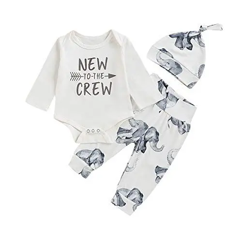 Produktbild: Gajaous Neugeborenes Baby Jungen Mädchen Kleidung New to The Crew Strampler Bodysuit + Elephant Hosen + Hat 3pcs Kleidung Set, Weiß, 70,0-6M