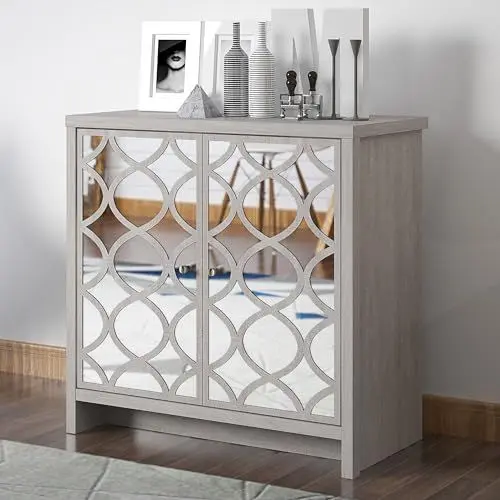 Produktbild: Galano Ilse Sideboard mit 2 Türen – Buffetschrank mit lasergeschnittenem Design für das Wohnzimmer – 39,8 x 79,0 x 77,6 cm – Staubgraue Eiche