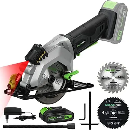 Produktbild: GALAX PRO Akku Kreissägen, 20V (2,0 Ah Akku mit Ladegerät) Laserführung, 2 x Kreissägeblatt-Ø115mm, 3400RPM, 45° einstellbarer Neigungswinkel