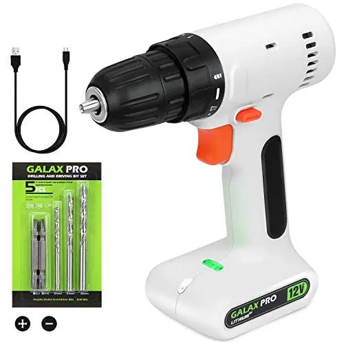 Produktbild: GALAX PRO Bohrschrauber, 12V Akku Bohrschrauber, 10 mm Schnellspannbohrfutter, 0-800 RPM Variable Geschwindigkeit, inkl. 6tlg.-Zubehör-Set, Ladegerät Kabel, Leicht und Tragbar