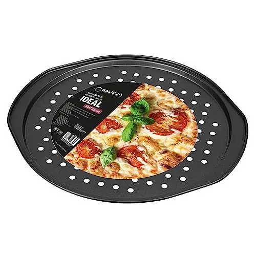 Produktbild: GALICJA Pizzablech Rund – IDEAL Pizzaform – Pizzapfanne – Pizzaständer für Backofen – Pizzaform Rund – Pizza Stahlplatte für Backofen – Pizzagestell für Backofen – runde Pizzableche 35x33cm