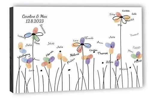 Produktbild: galleryy.net Fingerabdruck-Leinwand Hochzeit Leinwand 40x30 cm - Individuell mit Namen & Datum - INKL. Zubehör-set mit Stempelkissen, Stift und Hochzeitsbuch - Motiv - Blumenwiese