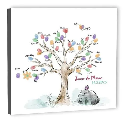 Produktbild: galleryy.net Fingerabdruck-Leinwand Hochzeit Leinwand 50x50 cm - Individuell mit Namen & Datum - INKL. Zubehör-set mit Stempelkissen, Stift und Hochzeitsbuch - Motiv - Baum Fruehling