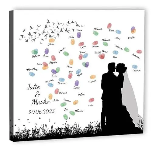 Produktbild: galleryy.net Fingerabdruck-Leinwand Hochzeit Leinwand 50x50 cm - Individuell mit Namen & Datum - INKL. Zubehör-set mit Stempelkissen, Stift und Hochzeitsbuch - Motiv - Hochzeitspaar