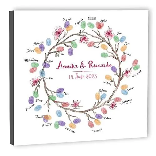 Produktbild: galleryy.net Fingerabdruck-Leinwand Hochzeit Leinwand 60x60 cm - Individuell mit Namen & Datum - INKL. Zubehör-set mit Stempelkissen, Stift und Hochzeitsbuch - Motiv - Blumenkranz