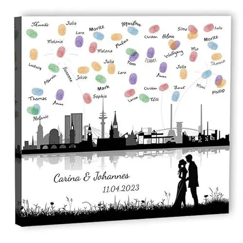 Produktbild: galleryy.net Fingerabdruck-Leinwand Hochzeit Leinwand 60x60 cm - Individuell mit Namen & Datum - INKL. Zubehör-set mit Stempelkissen, Stift und Hochzeitsbuch - Motiv - Skyline Hamburg