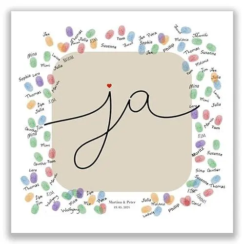 Produktbild: galleryy.net Personalisierter Fingerabdruck-Baum Hochzeit - Ja - Leinwand 40x40 cm - Individuell mit Namen & Datum - INKL. Zubehör-Set mit Stempelkissen und Stift