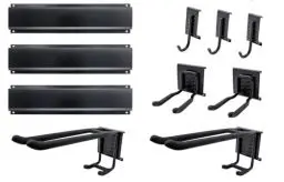 Produktbild: GALLUNOPTIMAL 36 teiliges Gerätehalterung Set bestehend aus 3 Stahl Schienen + 7 Halter + 2 Nylonklettschlaufen und Befestigungsmaterial - Stahlblech schwarz lackiert mit gummierten Halterarmen