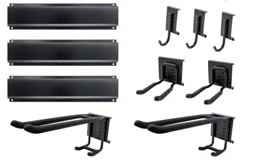 Produktbild: GALLUNOPTIMAL 36 teiliges Gerätehalterung Set bestehend aus 3 Stahl Schienen + 7 Halter + 2 Nylonklettschlaufen und Befestigungsmaterial - Stahlblech schwarz lackiert mit gummierten Halterarmen