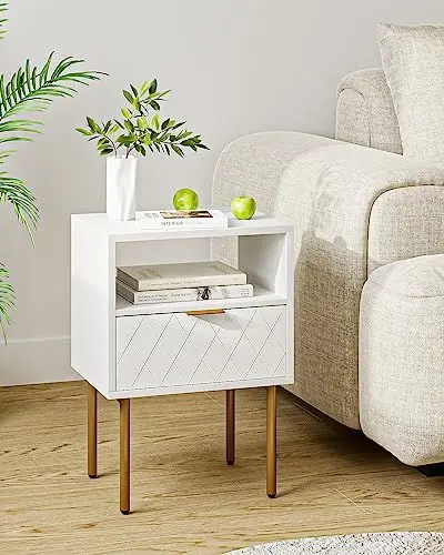 Produktbild: Gall&Zick Nachttisch, Beistelltisch mit Schublade, Nachtschrank mit 1 offenen Ablagen und 1 Schublade, Modernes Nachtkästchen, Boho Nachtkommode für Schlafzimmer, Wohnzimmer, Weiß und Gold