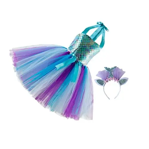 Produktbild: GALPADA 1 Satz Mesh-rock Ballkleider Mit Pailletten Mädchen-tüllkleid Meerjungfrauenkostüm Für Kleine Mädchen Mädchenkleidung Haarbänder Für Mädchen Netzkleider Cosplay-kleid Blue Stoff